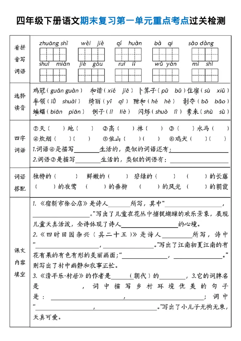 《_4年级下册同步教辅_四下语文_四下语文核心考点_四年级(下)语文期末复习各单元重点考点过关检测-》第1页预览