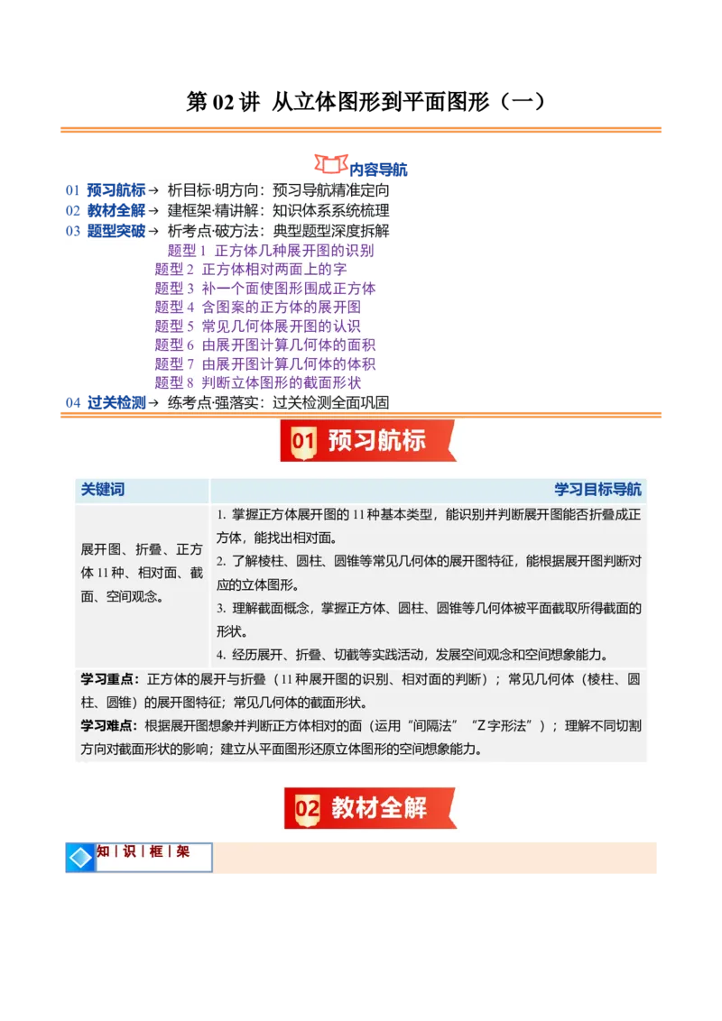 《北师2026版《暑假预习讲义》第02讲从立体图形到平面图形（一）（暑假预习讲义）（解析版）新七年级数学新教材北师大版_26秋初中教辅资料_26秋初中《暑假预习》》第1页预览