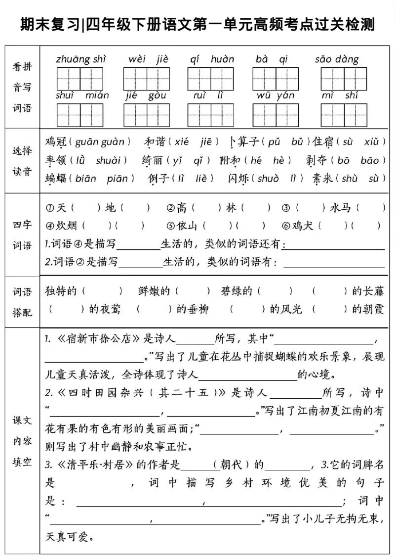 《_4年级下册同步教辅_四下语文_四下语文核心考点_四年级(下)语文1-8单元高频考点过关检测-》第1页预览