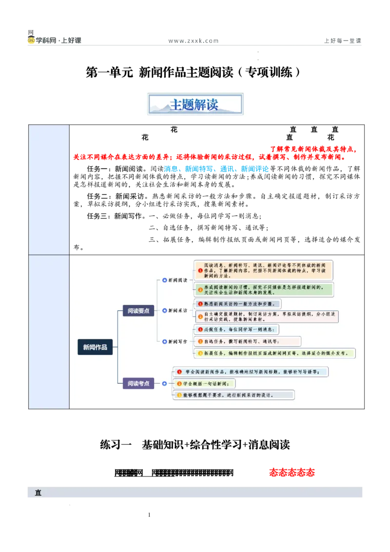 《第一单元“新闻作品”主题阅读（专项训练）（原卷版）_26秋小学初中各机构教辅大合集（一本、教材帮、阳光同学、王朝霞、实验班、小典中点、上分卷、白欧、课堂笔记等等）》第1页预览