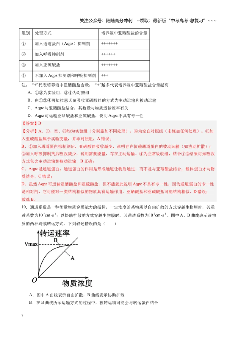 《第08讲物质进出细胞方式及影响因素（专项训练）（安徽专用）（教师版）_06-生物-高考总复习_一轮复习_2026年-生物高考一轮复习_2026年高考生物一轮课件+讲义+练习（安徽专用）-G326》第7页预览