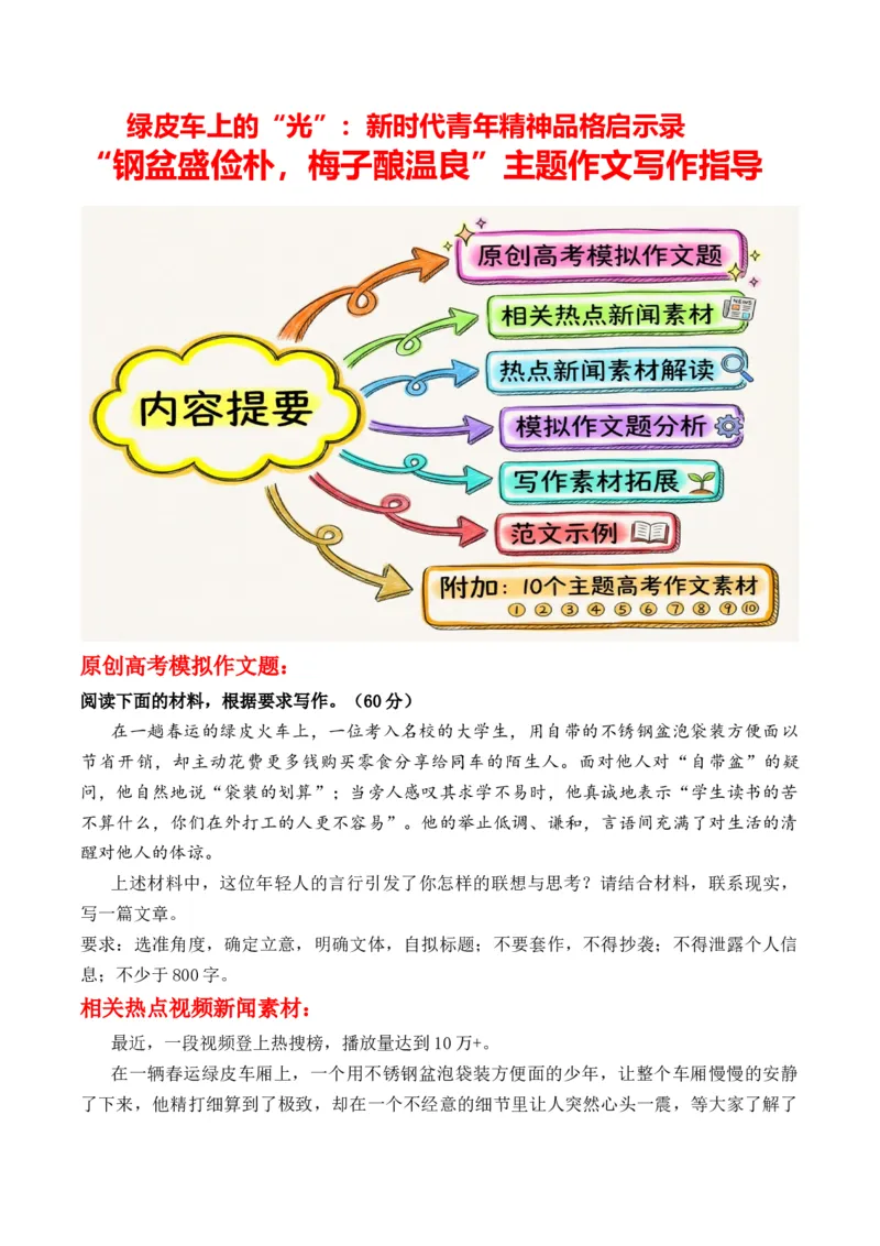 《绿皮车上的“光”：新时代青年精神品格启示录“钢盆盛俭朴，梅子酿温良”主题作文写作指导_专项复习_2026年-语文专项复习_162026年高考语文作文热点新闻素材速记快用》第1页预览