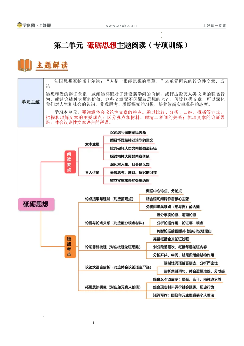 《第二单元砥砺思想主题阅读（专项训练）（原卷版）_26秋小学初中各机构教辅大合集（一本、教材帮、阳光同学、王朝霞、实验班、小典中点、上分卷、白欧、课堂笔记等等）》第1页预览