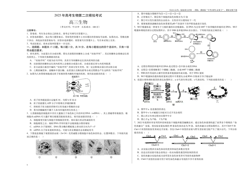 《生物（江苏卷01）（考试版A3）_06-生物-高考总复习_二轮复习_2025年_2025年高考生物第二次模拟卷26套_生物（江苏卷01）_生物（江苏卷01）-学易金卷：2025年高考第二次模拟考试》第1页预览