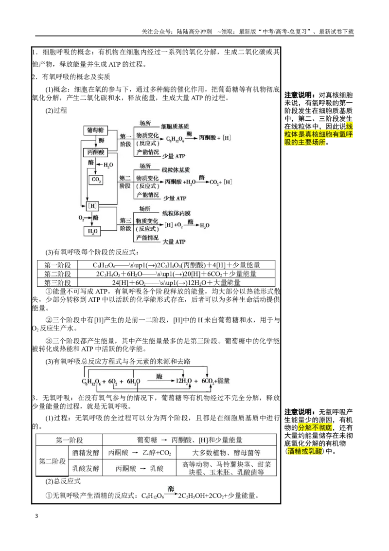 《知识清单06呼吸作用（4大考点+5个易错点）_06-生物-高考总复习_一轮复习_2025年_2025年高考生物一轮复习知识清单（全国通用）》第3页预览