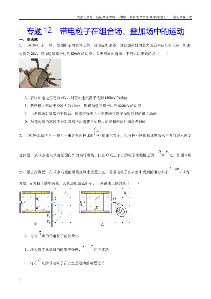 《专题12带电粒子在组合场、叠加场中的运动（原卷版）_04-物理-高考总复习_专项复习_2024年_2024届新高考物理冲刺专项训练300题_资料》第1页预览