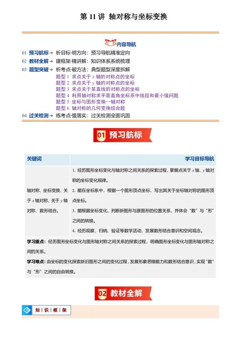 《北师2026版初中《暑假预习讲义》第11讲轴对称与坐标变换(7类重点题型+过关检测)(解析版)_26秋初中教辅资料_26秋初中《暑假预习》》第1页预览