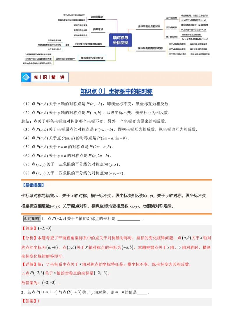 《北师2026版初中《暑假预习讲义》第11讲轴对称与坐标变换(7类重点题型+过关检测)(解析版)_26秋初中教辅资料_26秋初中《暑假预习》》第2页预览