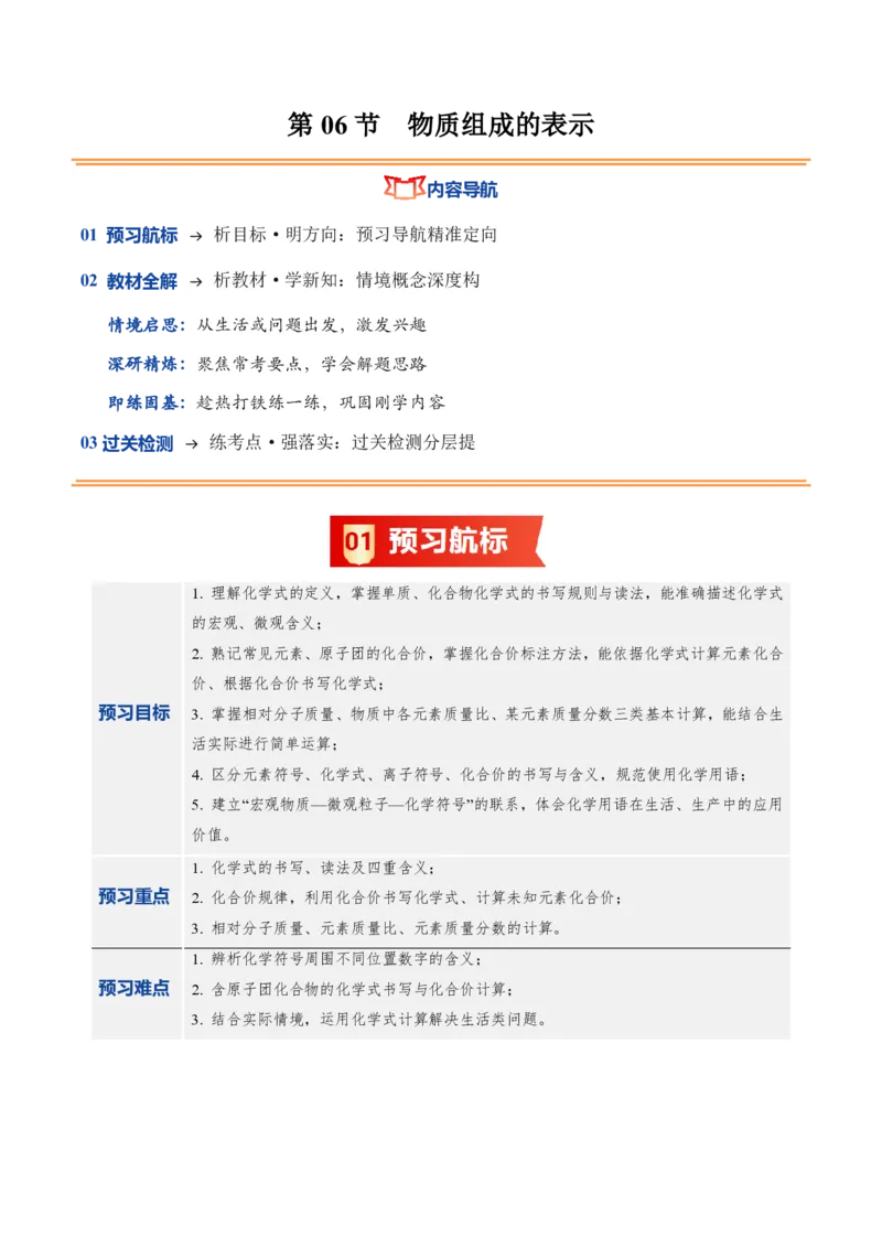 《鲁教2026版《暑假预习讲义》第06节物质组成的表示（暑假预习讲义）（解析版）_26秋初中教辅资料_26秋初中《暑假预习》_学科网上好课2026年9年级《暑假自学课》化学（鲁教版）》第1页预览
