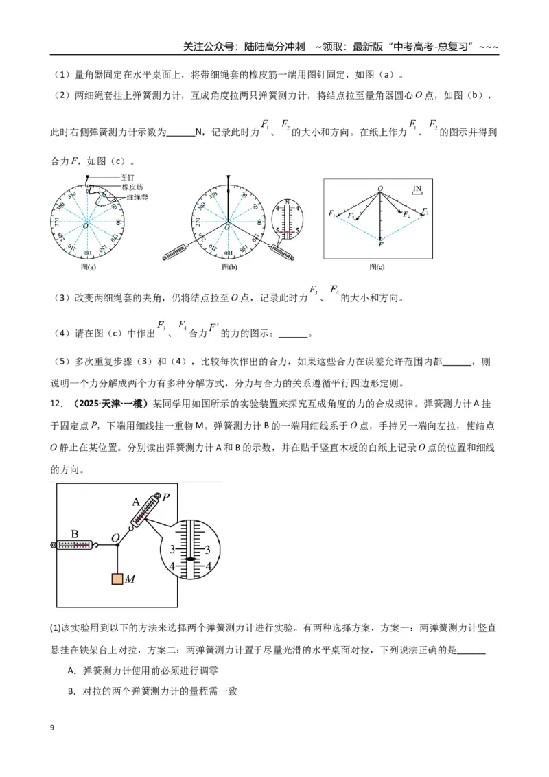 《第08讲实验：探究弹簧弹力与形变量的关系、实验：探究两个互成角度的力的合成规律（专项训练）（湖南通用）（学生版）_04-物理-高考总复习_一轮复习_2026年-物理高考一轮复习》第9页预览