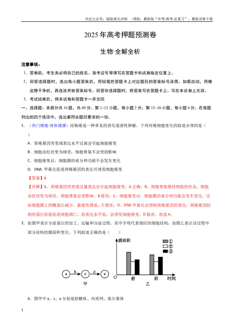 《生物（广西卷01）（全解全析）_06-生物-高考总复习_专项复习_2025年_2025年高考押题预测卷（多地区）生物》第1页预览