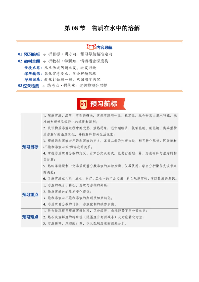 《鲁教2026版《暑假预习讲义》第08节物质在水中的溶解（暑假预习讲义）（解析版）_26秋初中教辅资料_26秋初中《暑假预习》_学科网上好课2026年9年级《暑假自学课》化学（鲁教版）》第1页预览
