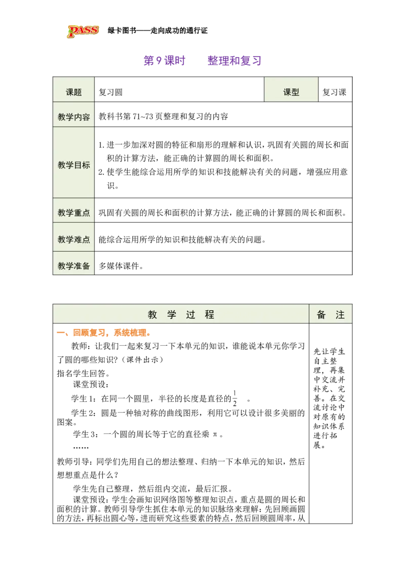 《第9课时整理和复习_26秋小学初中各机构教辅大合集（一本、教材帮、阳光同学、王朝霞、实验班、小典中点、上分卷、白欧、课堂笔记等等）_26秋小学教辅资料_1526秋课件教案_四圆》第1页预览