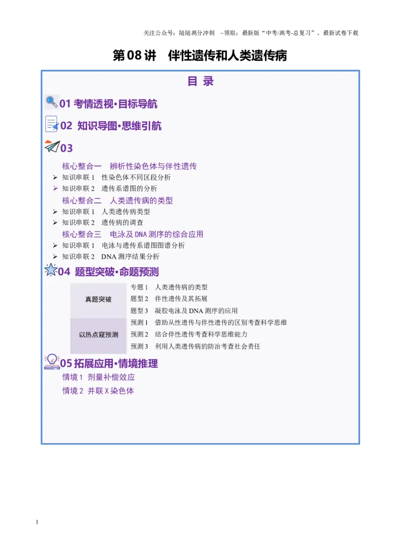 《第08讲伴性遗传和人类遗传病（讲义）（学生版）_06-生物-高考总复习_二轮复习_2025年_2025年高考生物二轮复习课件+讲义+练习（新高考通用）》第1页预览