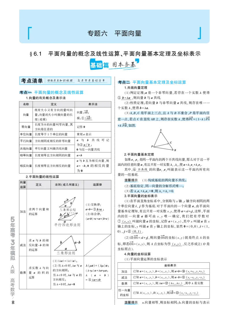 《1_6.1专题考点精析（解释：22版53A对应专题讲解pdf文件）(1)_2023版教学资源包_2023版新高考版高考总复习数学5·3A版_17_专题六61平面向量的概念及线性运算、平面向量基本定理及坐标表示》第1页预览