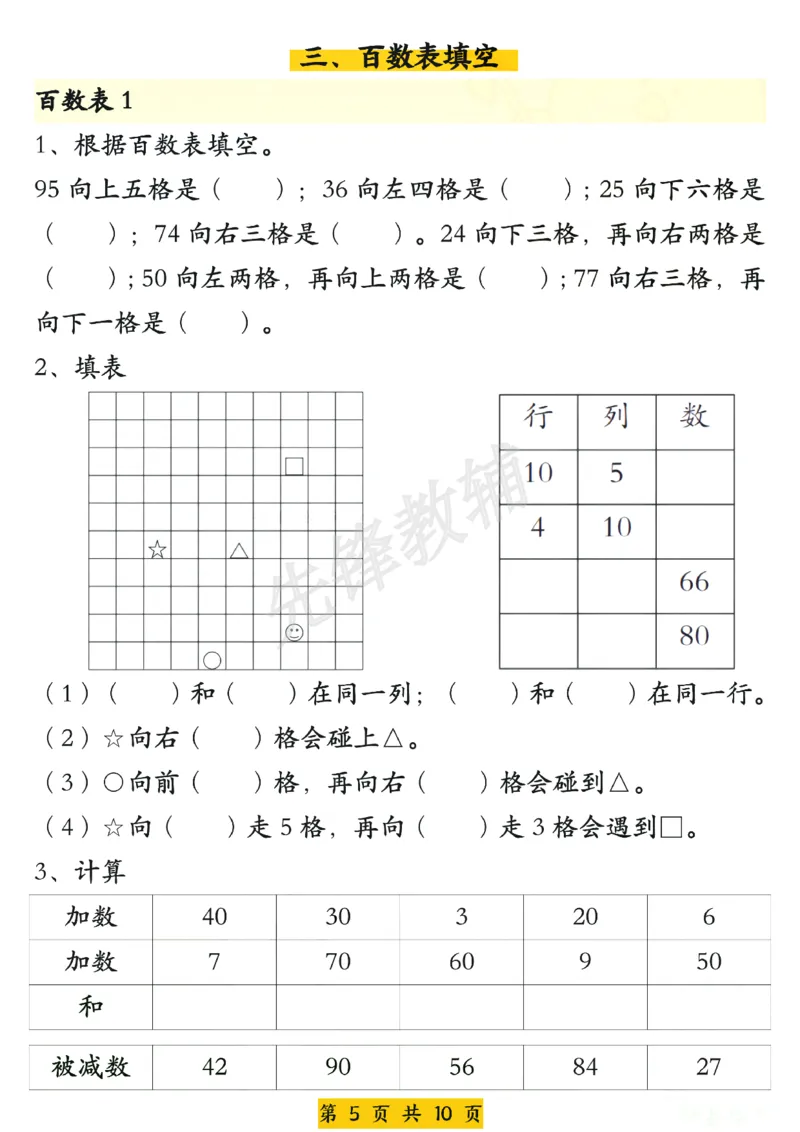 《一年级数学下册《百数表》易错专项练习_纯图版(1)_1年级下册同步教辅_1下-数学_一下数学-通用练习题》第5页预览