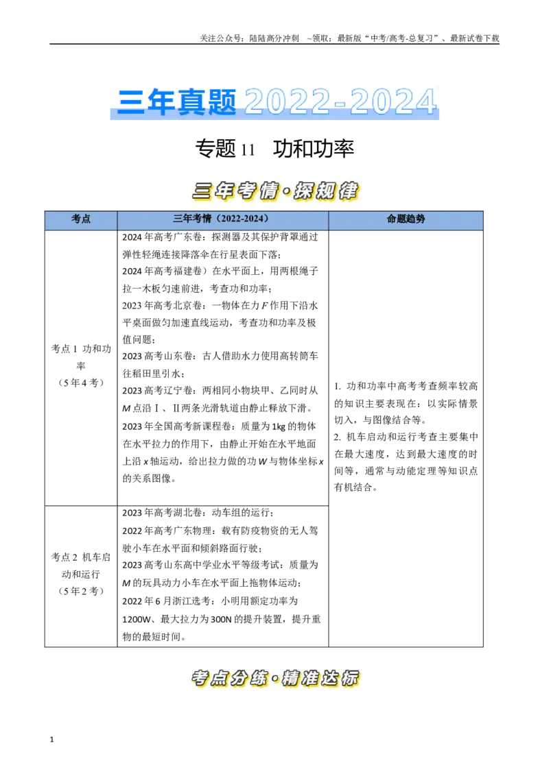《专题11功和功率（全国通用）（解析版）_04-物理-高考总复习_专项复习_2025年_五年（2020-2024）高考物理真题分类汇编（全国通用）》第1页预览