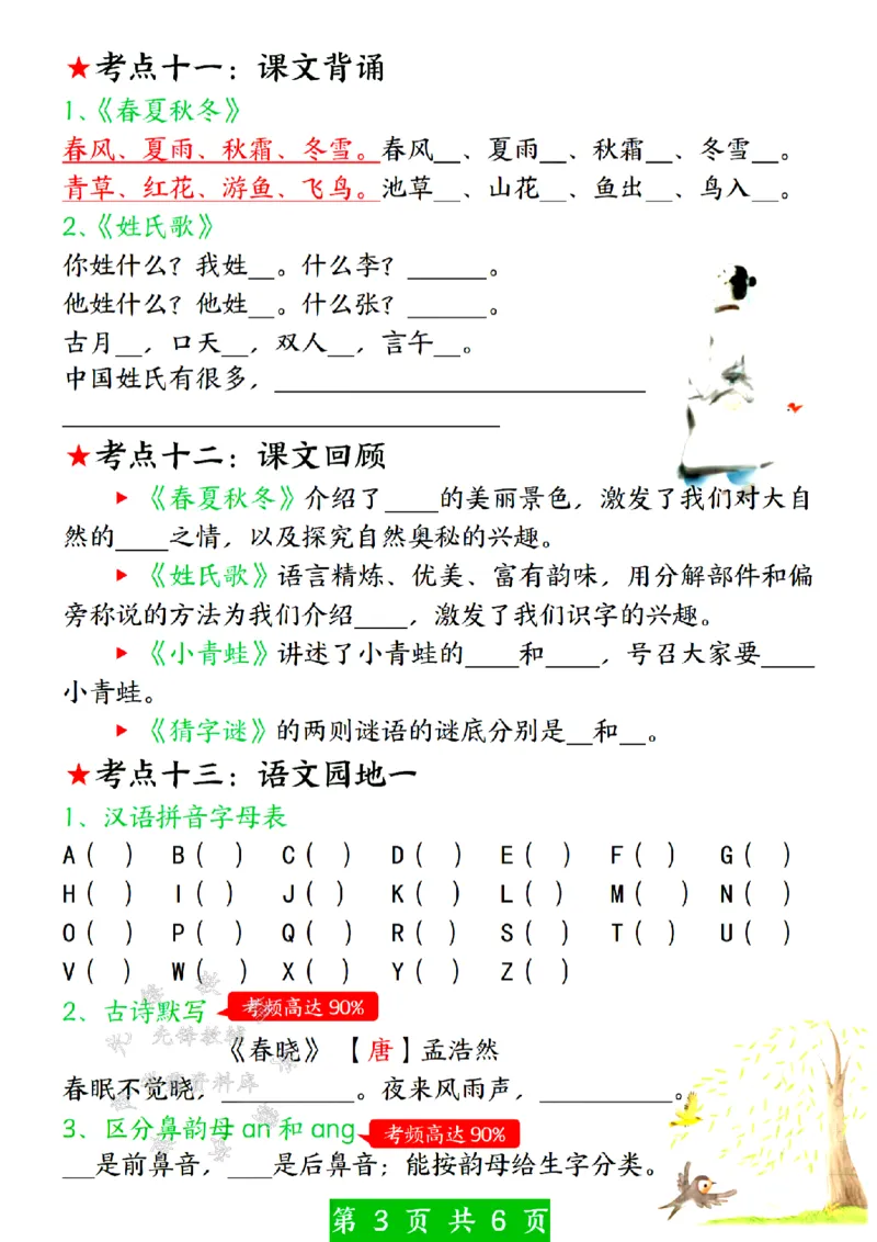 《一年级（下）语文第一单元考点总结(2)_1年级下册同步教辅_1下-语文_一下语文-知识点汇总》第3页预览