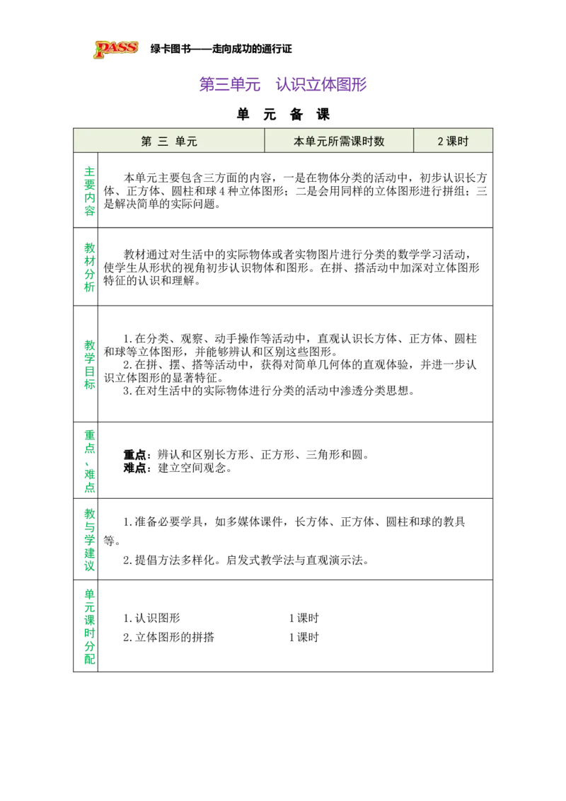 《第三单元认识立体图形单元备课_26秋小学初中各机构教辅大合集(一本、教材帮、阳光同学、王朝霞、实验班、小典中点、上分卷、白欧、课堂笔记等等)_26秋小学教辅资料_小学数学》第1页预览
