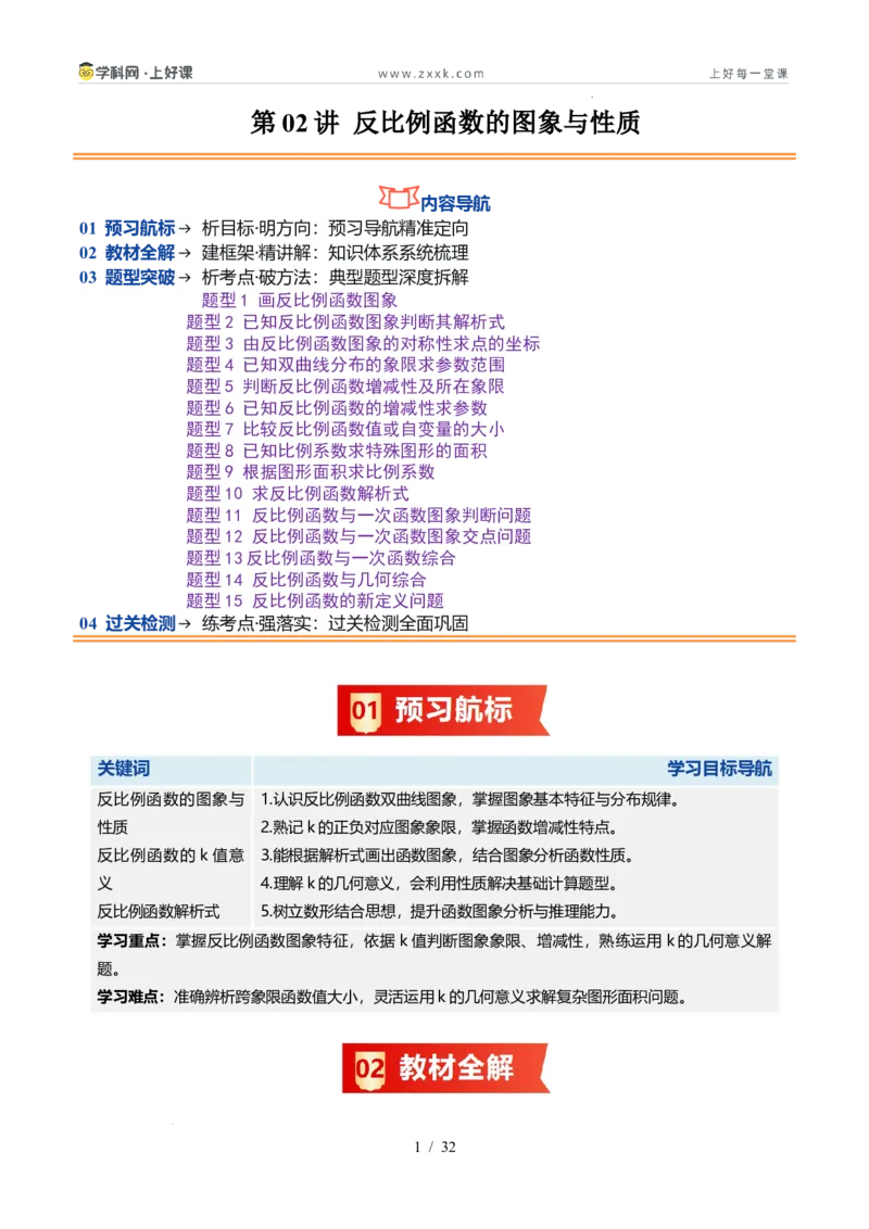 《苏科2026年《暑假同步预习讲义》第02讲反比例函数的图象与性质15大题型（暑假预习讲义）（原卷版）_26秋初中教辅资料_26秋初中《暑假预习》》第1页预览