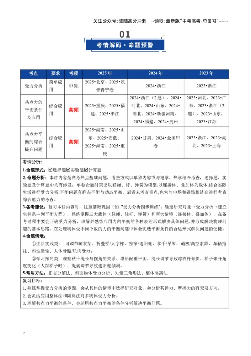 《第07讲受力分析共点力的平衡（复习讲义）（全国通用）（教师版）_04-物理-高考总复习_一轮复习_2026年-物理高考一轮复习_2026年高考物理一轮复习讲义+练习+课件（新教材新高考）-G55》第2页预览
