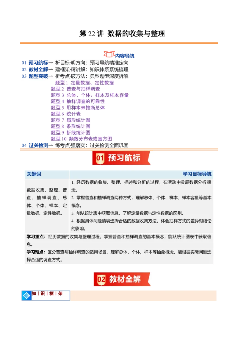 《北师2026版《暑假预习讲义》第22讲数据的收集与整理（10类重点题型+过关检测，暑假预习讲义）（原卷版）新七年级数学新教材北师大版_26秋初中教辅资料_26秋初中《暑假预习》》第1页预览
