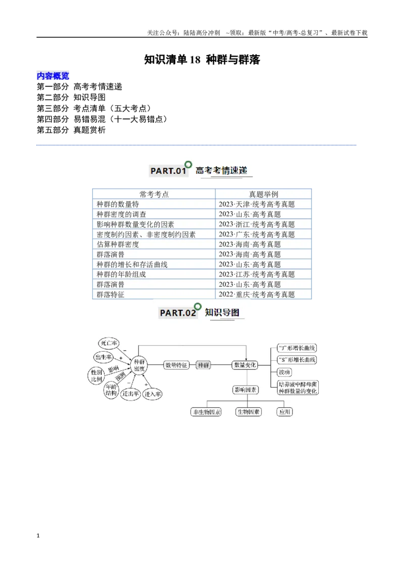 《知识清单18种群与群落（原卷版）_06-生物-高考总复习_一轮复习_2024年_2024年高考生物一轮复习知识清单必背总结全国通用_资料》第1页预览