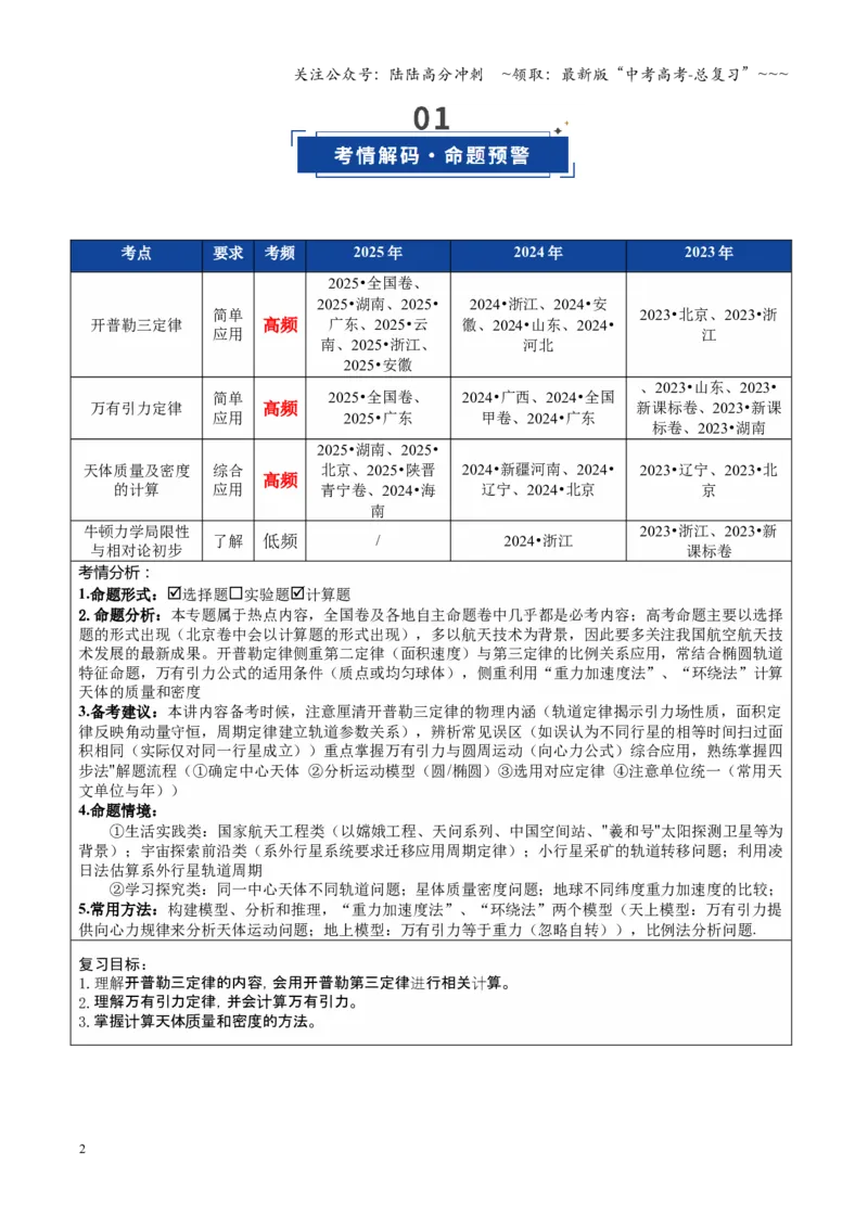 《第17讲开普勒定律及万有引力定律（复习讲义）（全国通用）（学生版）_04-物理-高考总复习_一轮复习_2026年-物理高考一轮复习_2026年高考物理一轮复习讲义+练习+课件（新教材新高考）-G55》第2页预览