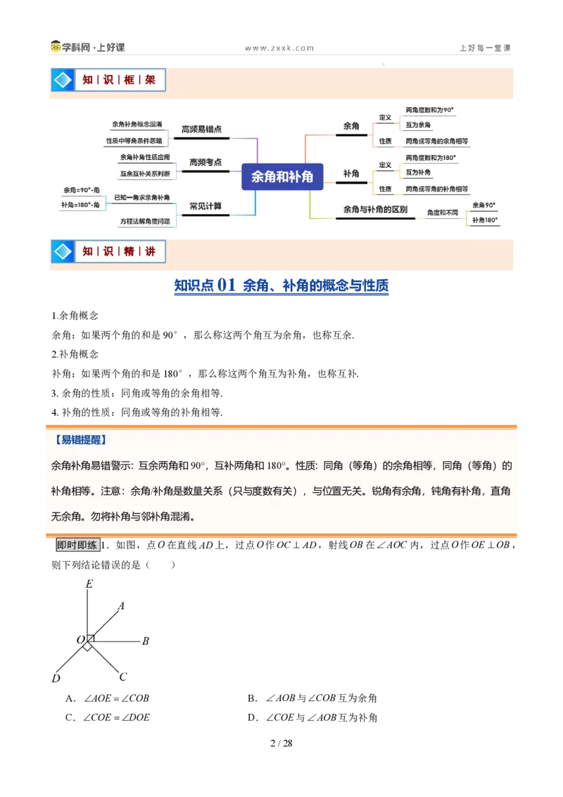 《第21讲余角和补角（5类重点题型+过关检测，暑假预习讲义）（解析版）_26秋初中教辅资料_26秋初中《暑假预习》_2026秋《暑假自学课》7上数学（人教版）_探索新知_第六章几何图形初步》第2页预览