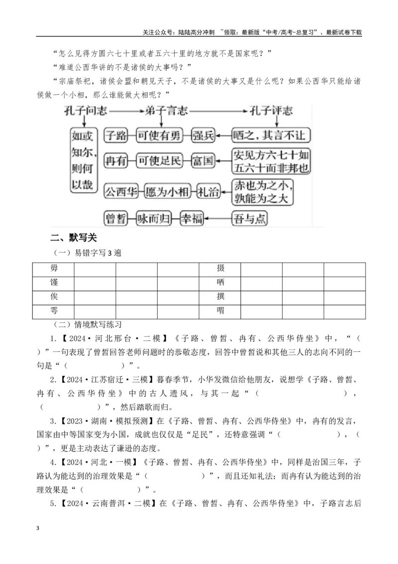 《突破三关：第11篇《子路、曾晳、冉有、公西华侍坐》（原卷版）_专项复习_2024年_2024年新高考语文必背古诗文60篇突破三关（知识关默写关阅读关）全攻略（全国通用）_资料_1-资料》第3页预览