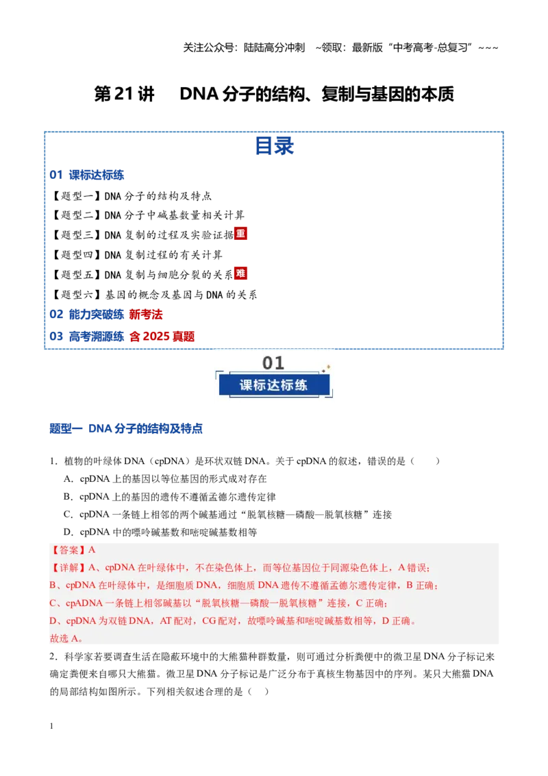 《第21讲DNA分子的结构、复制与基因的本质（专项训练）（安徽专用）（教师版）_06-生物-高考总复习_一轮复习_2026年-生物高考一轮复习_2026年高考生物一轮课件+讲义+练习（安徽专用）-G326_3》第1页预览