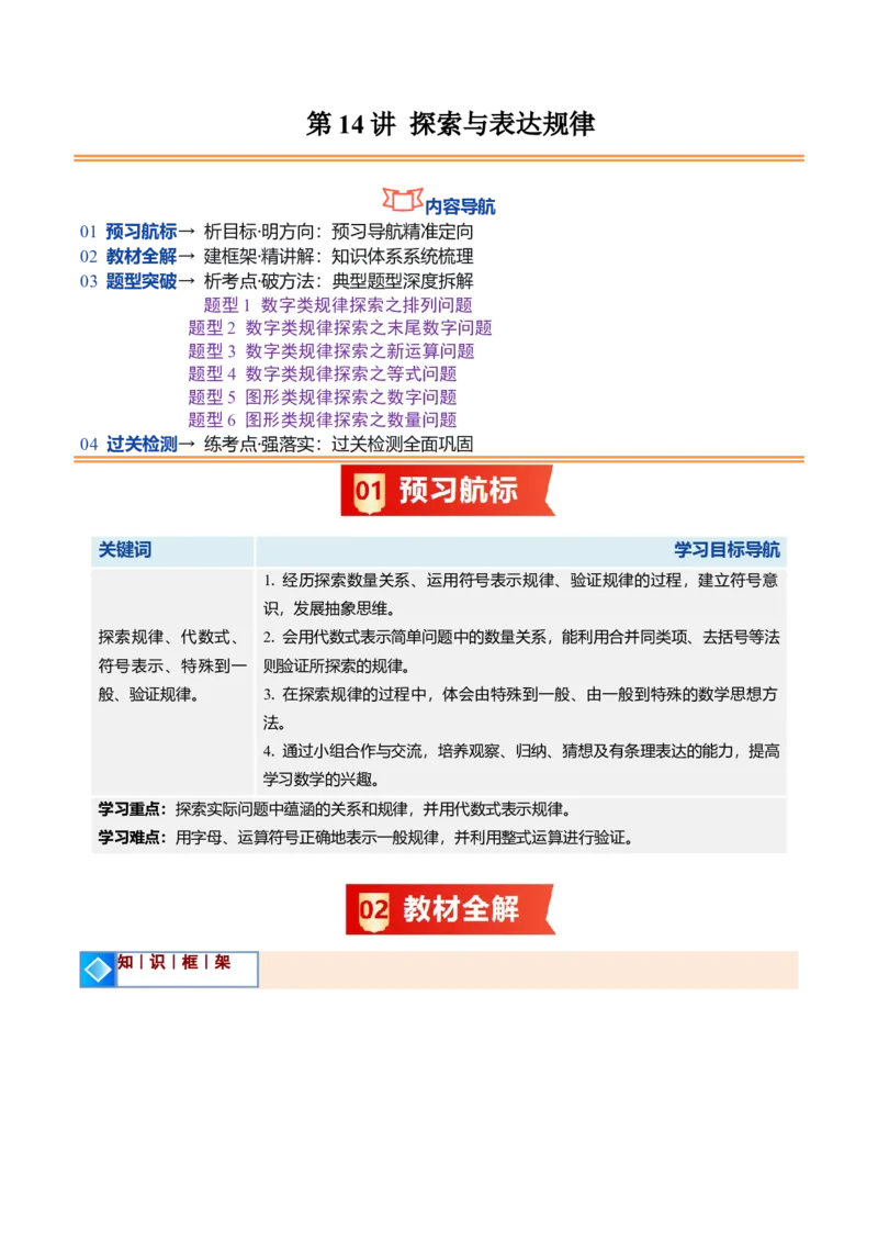 《北师2026版《暑假预习讲义》第14讲探索与表达规律（6类重点题型+过关检测，暑假预习讲义）（解析版）新七年级数学新教材北师大版_26秋初中教辅资料_26秋初中《暑假预习》》第1页预览