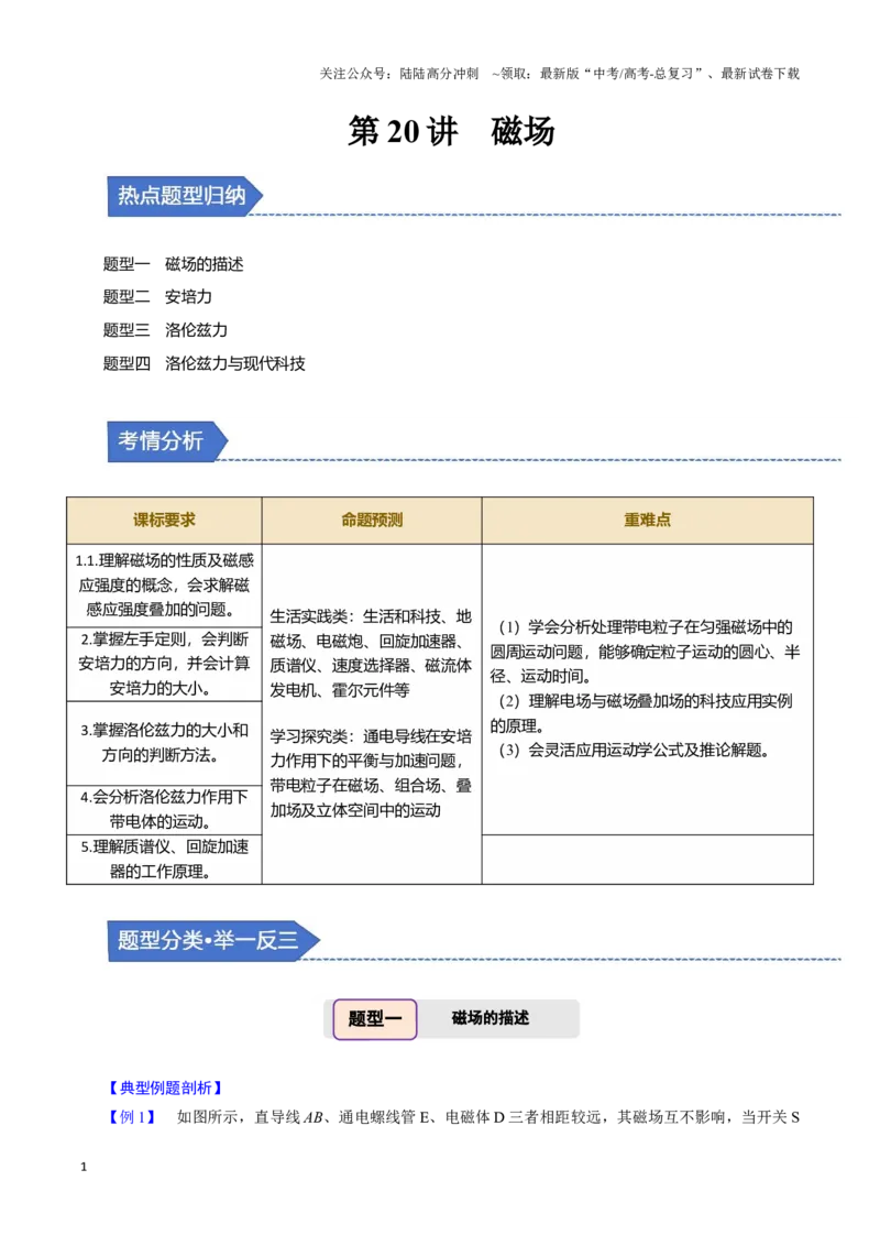 《第20讲磁场（四大题型）（举一反三）（学生版）_04-物理-高考总复习_专项复习_2025年_2025年高考物理举一反三系列（新高考通用）_资料》第1页预览