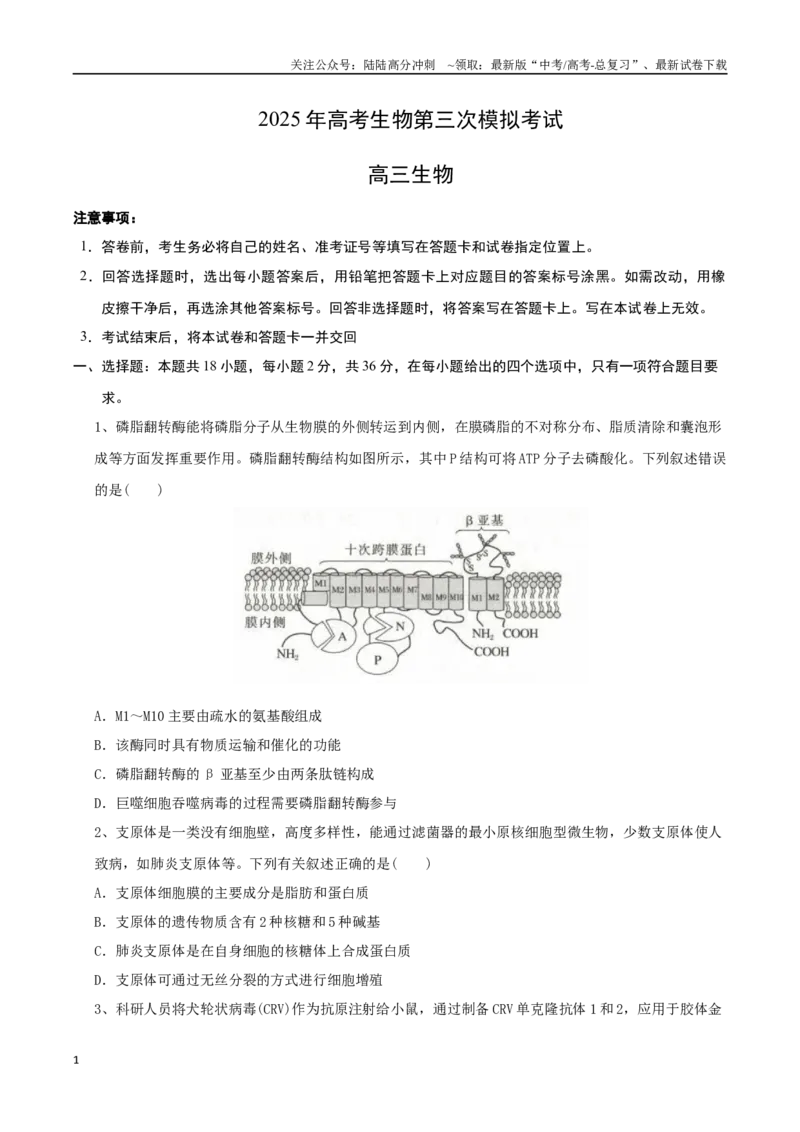 《生物（湖北卷）（考试版）_06-生物-高考总复习_专项复习_2025年_2025年高考第一二三次模拟卷（多地区）生物_2025年高考生物第三次模拟考试21套_生物（湖北卷）》第1页预览