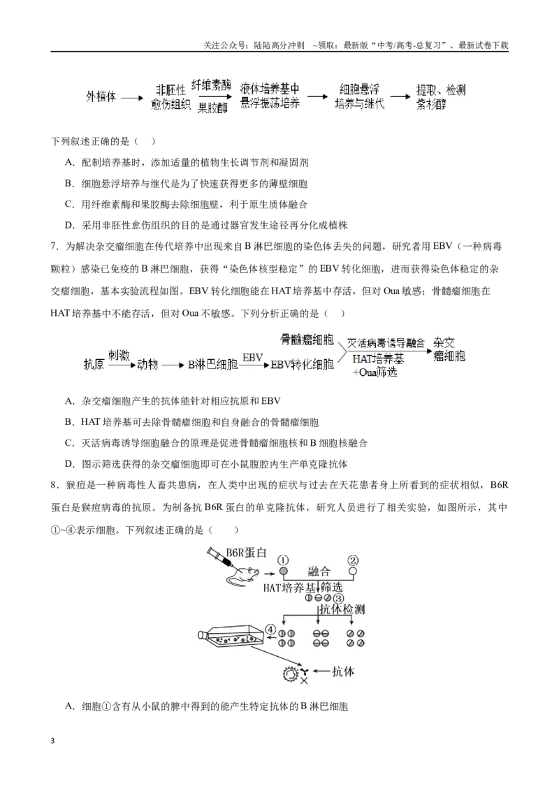 《专题14细胞工程（选择题60道）（原卷版）_06-生物-高考总复习_二轮复习_2024年_2024年高考生物二轮复习选择题大题压轴专项训练_资料》第3页预览