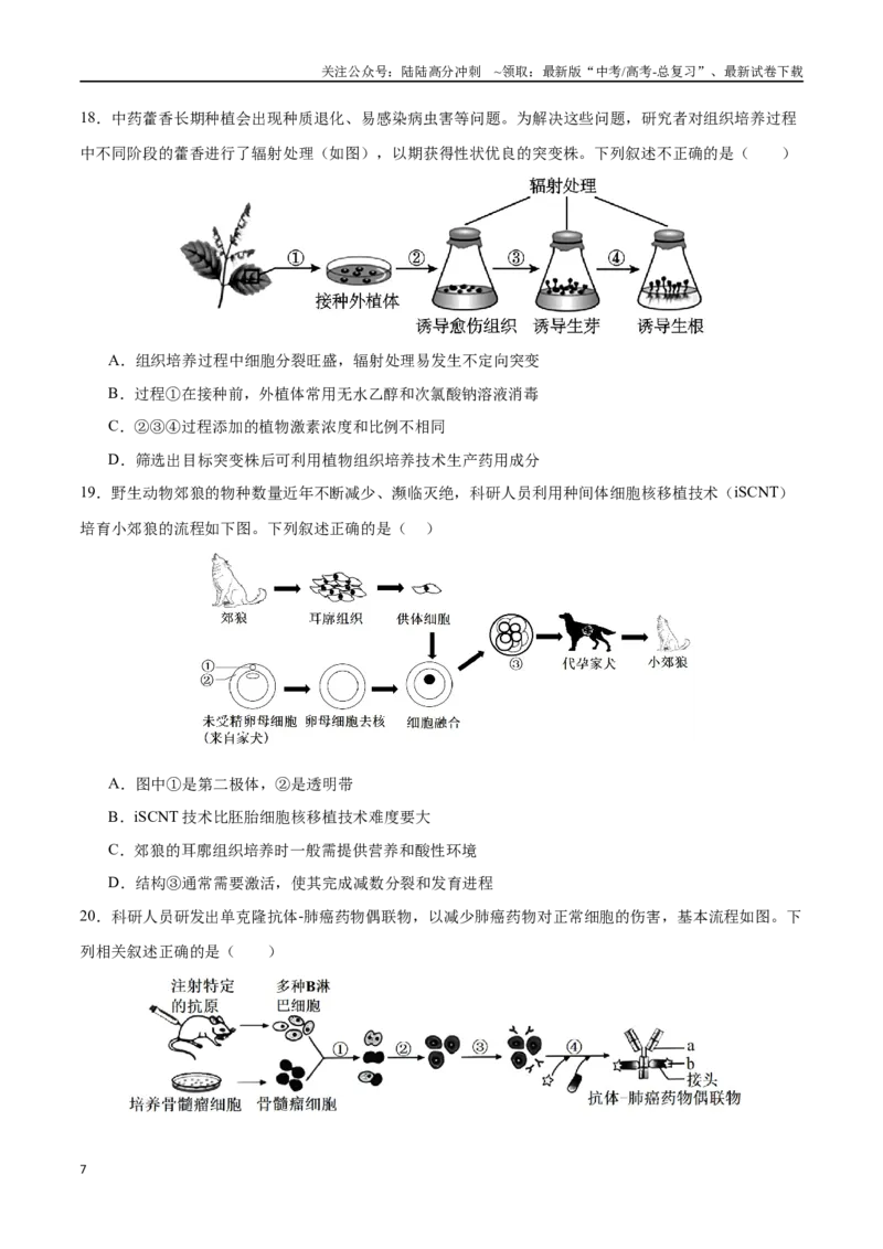 《专题14细胞工程（选择题60道）（原卷版）_06-生物-高考总复习_二轮复习_2024年_2024年高考生物二轮复习选择题大题压轴专项训练_资料》第7页预览