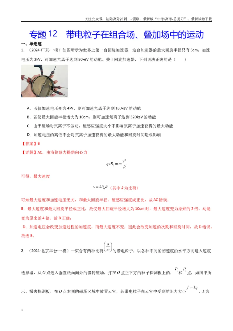 《专题12带电粒子在组合场、叠加场中的运动（解析版）_04-物理-高考总复习_专项复习_2024年_2024届新高考物理冲刺专项训练300题_资料》第1页预览