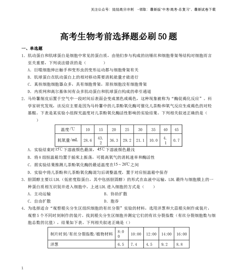 《考前第3天选择题必刷50题（原卷版）-21页_06-生物-高考总复习_专项复习_2024年_2024年高考生物高分考前必刷系列_资料_1-资料》第1页预览
