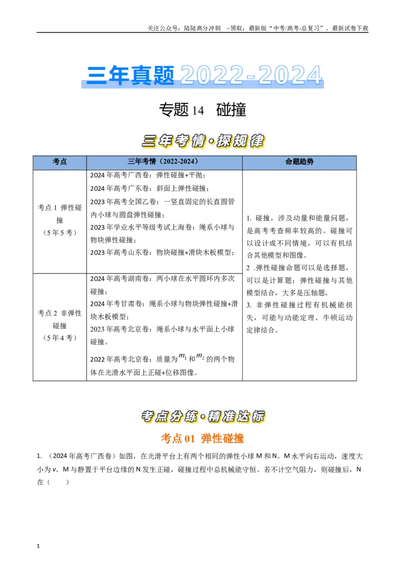 《专题14碰撞（全国通用）（解析版）_04-物理-高考总复习_专项复习_2025年_五年（2020-2024）高考物理真题分类汇编（全国通用）》第1页预览