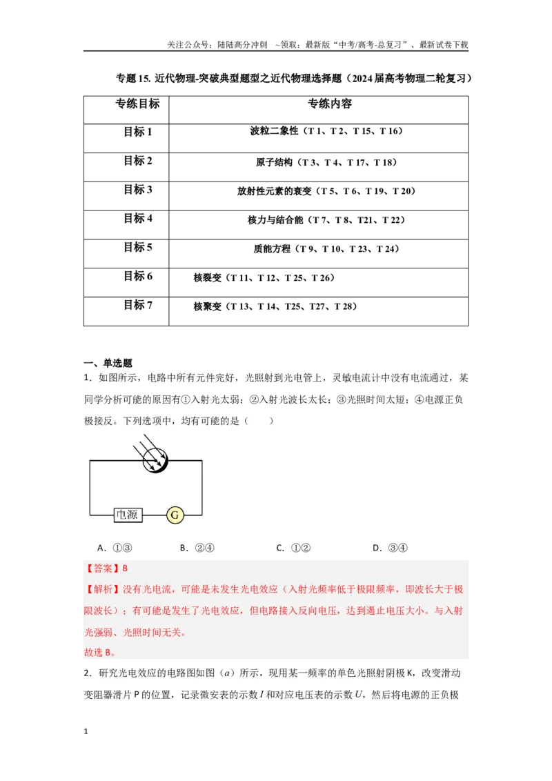《专题15+近代物理（解析版）_04-物理-高考总复习_二轮复习_2024年_2024高考物理二轮复习选择题典型题型练习全国通用_资料》第1页预览