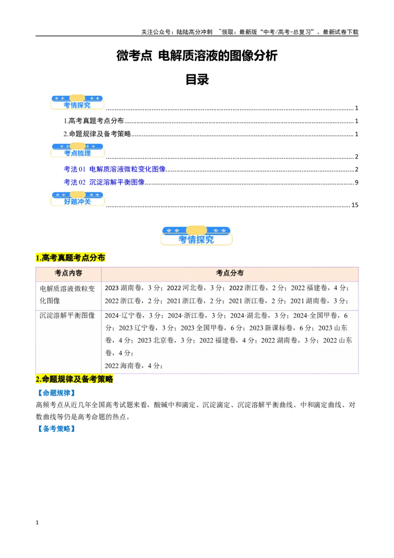 《微考点电解质溶液的图像分析（核心考点精讲精练）-（新高考通用）（教师版）_05-化学-高考总复习_一轮复习_2025年_2025年高考化学一轮复习考点精讲精练（新高考通用）》第1页预览