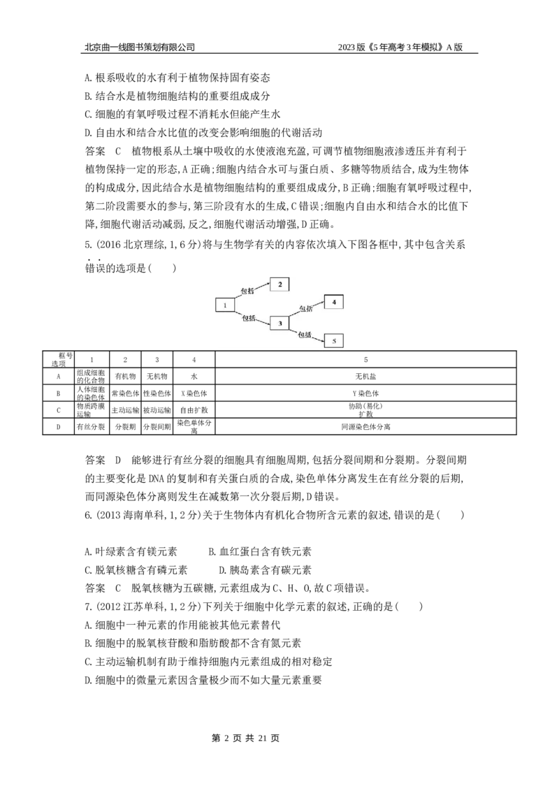 《1_4.专题一细胞的分子组成(1)_2023版教学资源包_2023版新高考版选考总复习生物5·3A版_1_专题一细胞的分子组成_4_10年高考真题分类题组》第2页预览