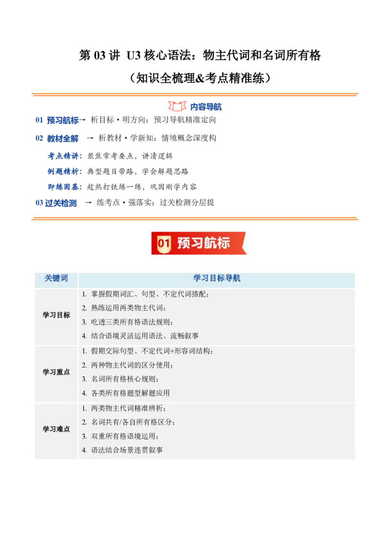《第3讲U3核心语法：物主代词和名词所有格（暑假预习讲义）（解析版）_26秋初中教辅资料_26秋初中《暑假预习》_2026秋《暑假自学课》7上数学（沪教版▪五四制）》第1页预览