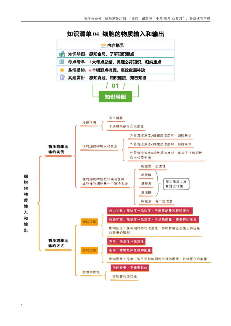 《知识清单04细胞的物质输入和输出（3大考点+6个易错点）_06-生物-高考总复习_一轮复习_2025年_2025年高考生物一轮复习知识清单（全国通用）》第1页预览