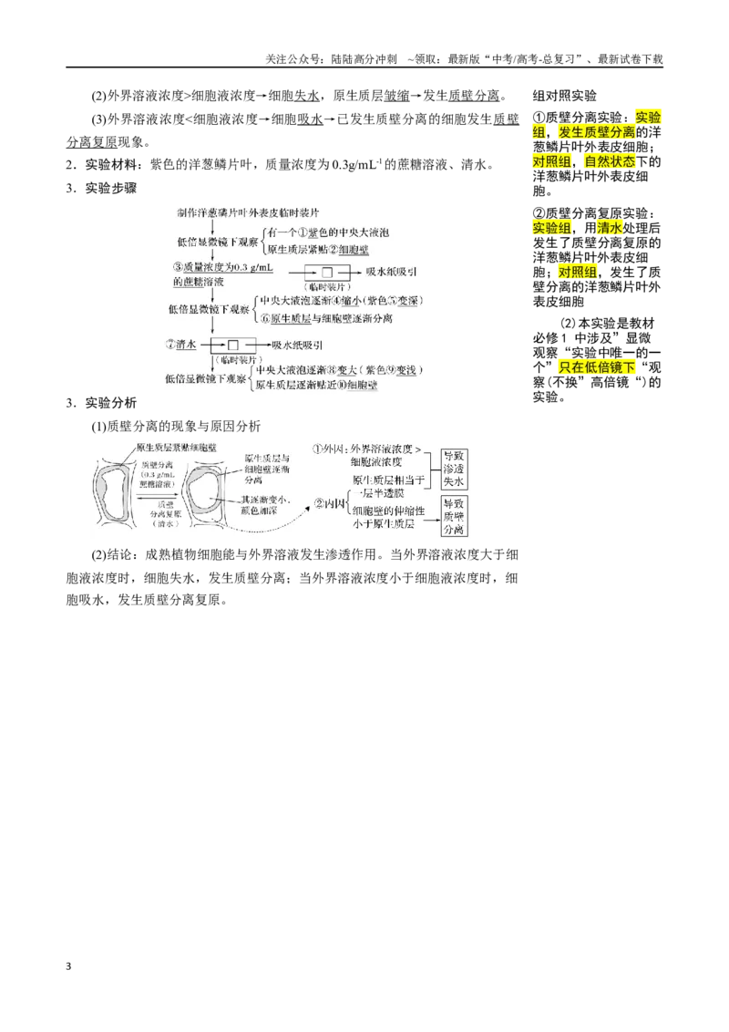 《知识清单04细胞的物质输入和输出（3大考点+6个易错点）_06-生物-高考总复习_一轮复习_2025年_2025年高考生物一轮复习知识清单（全国通用）》第3页预览