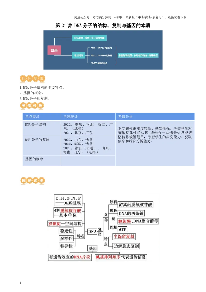 《第21讲DNA分子的结构、复制与基因的本质（讲义）（教师版）_06-生物-高考总复习_一轮复习_2024年_2024年高考生物一轮复习讲练测(课件+讲义+练习)（新高考）_讲义+练习》第1页预览