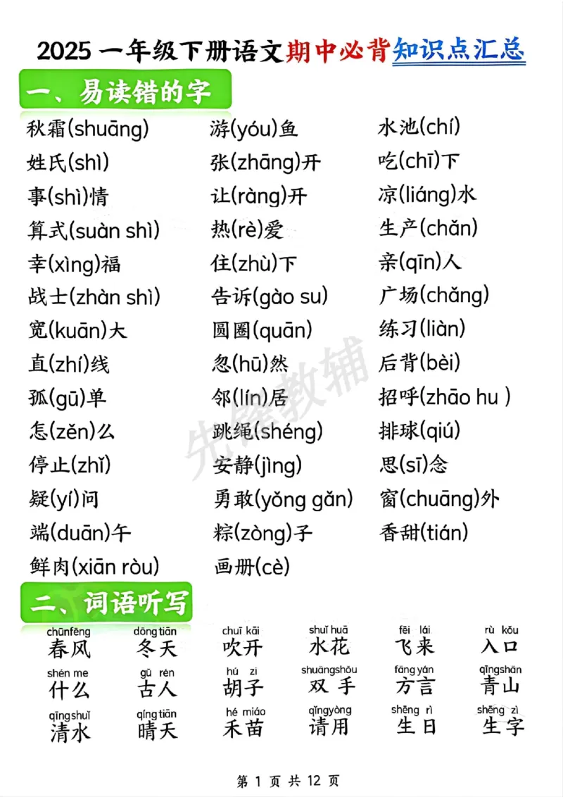 《一年级（下）语文期中必背知识点汇总_Password_Removed_扫描版_1年级下册同步教辅_1下-语文_一下语文-复习资料》第1页预览