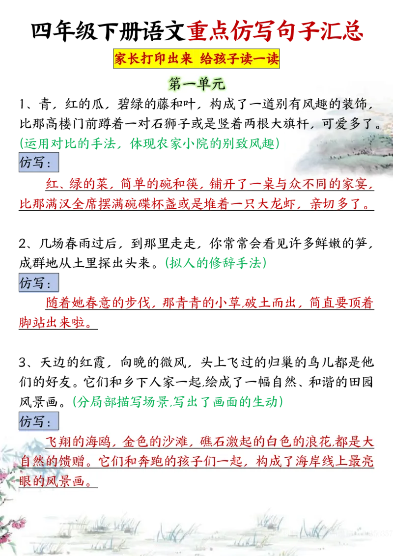 《_4年级下册同步教辅_四下语文_四下语文专项练习_四年级（下）语文1-4单元重点仿写小练笔-》第1页预览