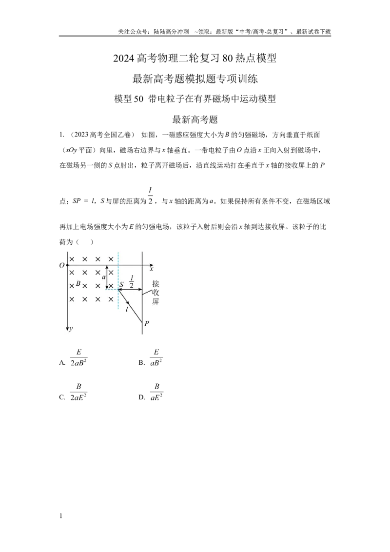 《模型50带电粒子在有界磁场中运动模型（原卷版）_04-物理-高考总复习_二轮复习_2024年_2024高考物理二轮复习80模型最新模拟题专项训练_资料》第1页预览