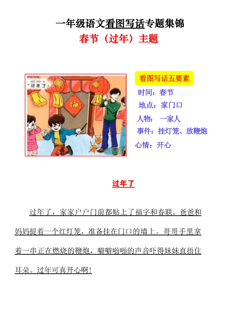 《一年级看图写话押题作文专题集锦---春节主题范文版(1)_1年级下册同步教辅_1下-语文_一下语文-看图写话》第1页预览